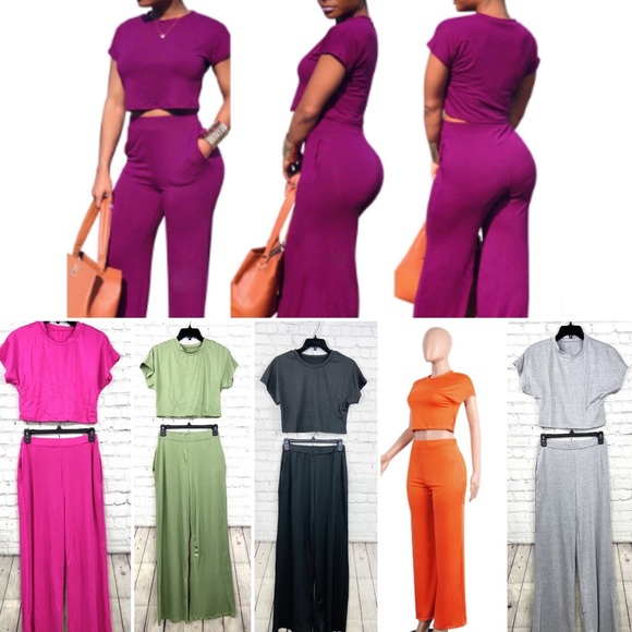 Short Sleeve Crop/ Wide Leg 2 Piece Set S-XL Black - Picture 6 of 6